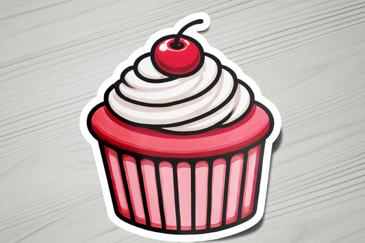 a sticker of a cupcake with a cherry on top