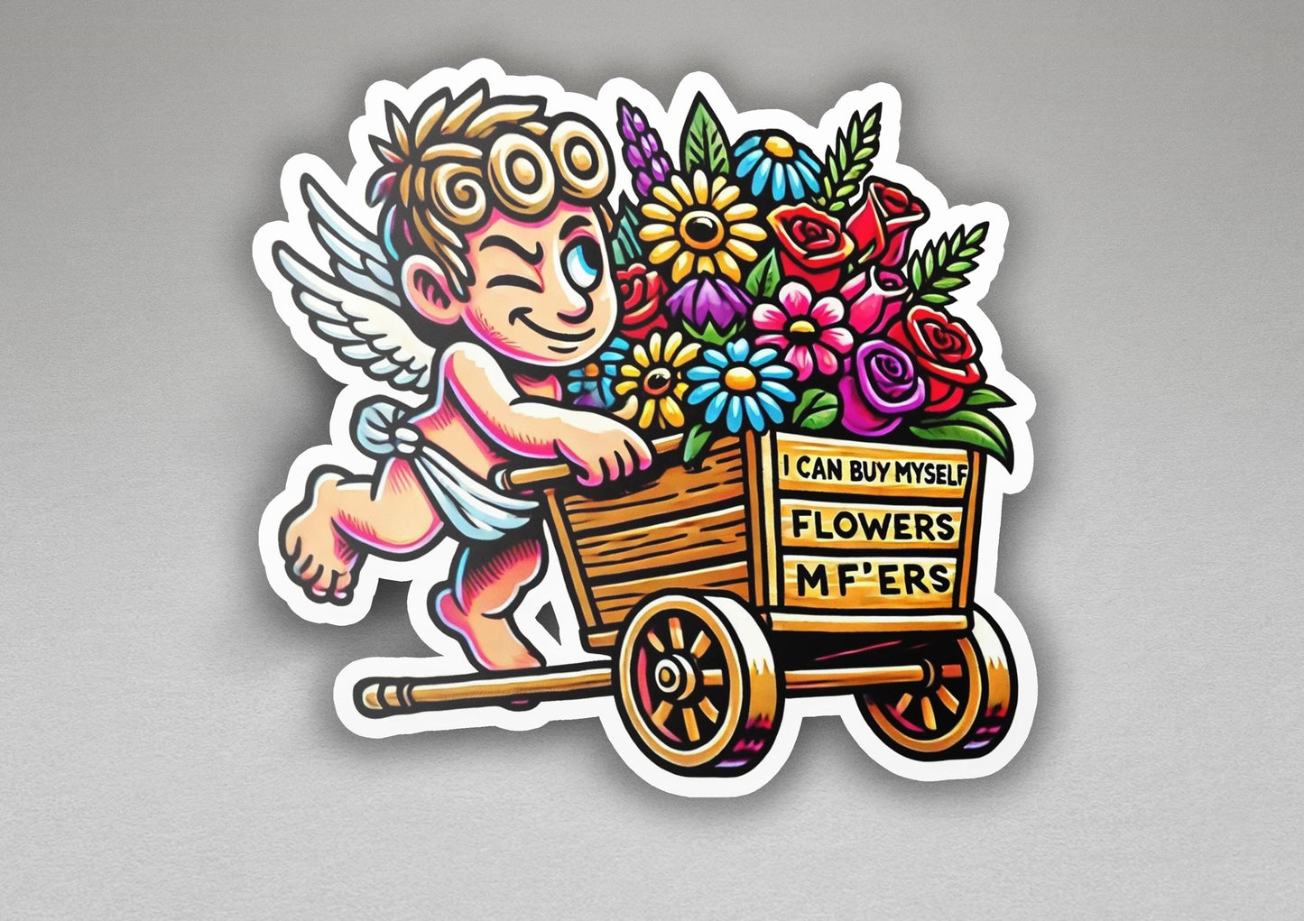 a sticker of a man riding a wagon of flowers