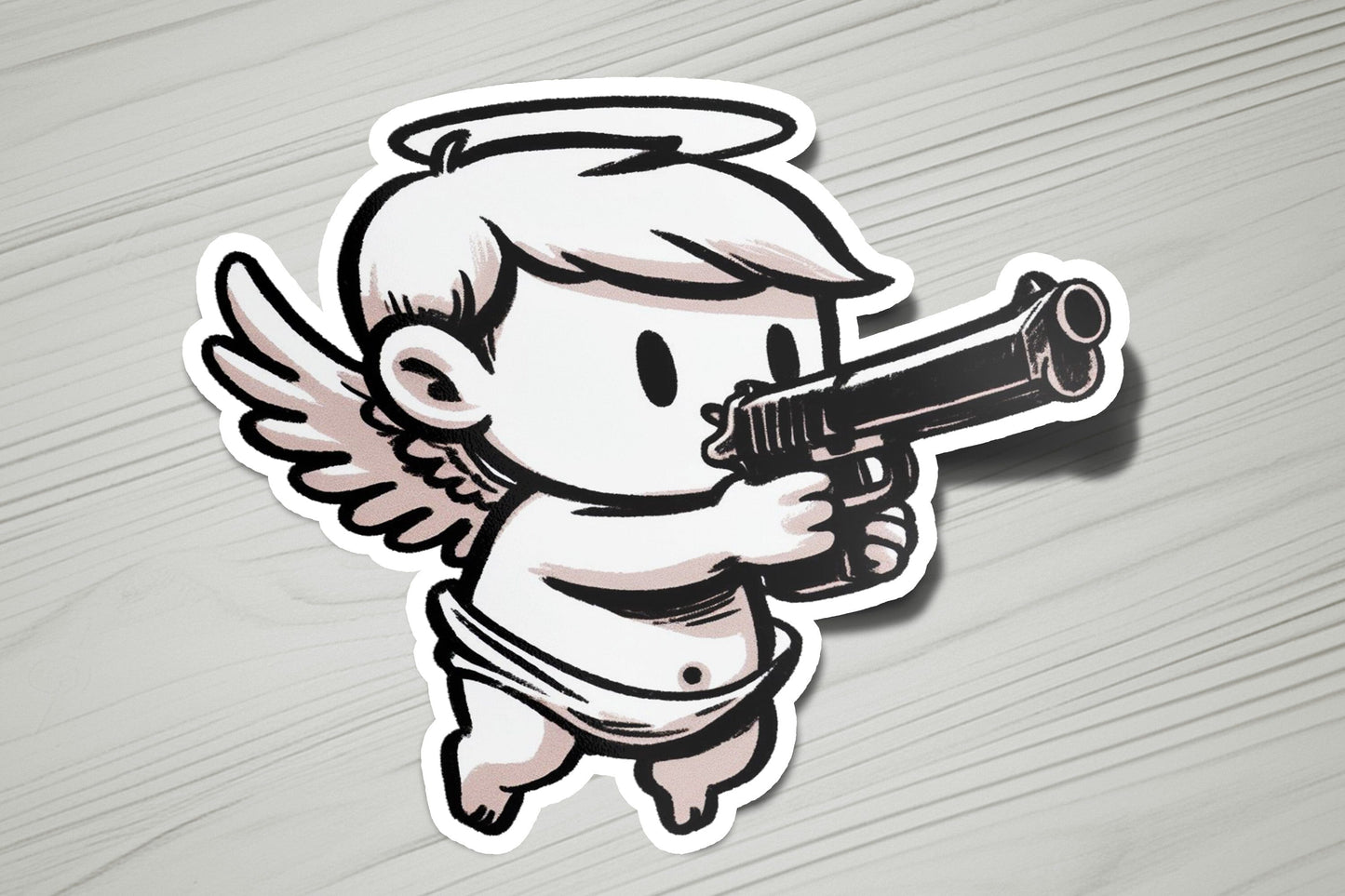 a sticker of an angel with a gun