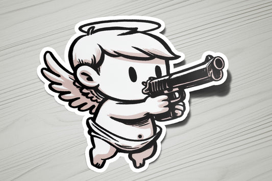 a sticker of an angel with a gun