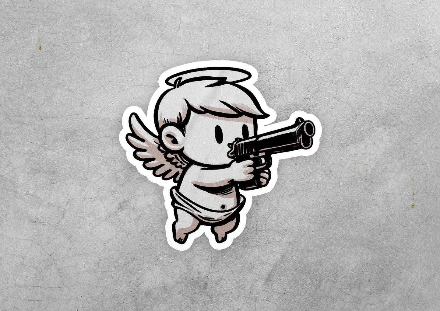 a sticker of an angel holding a gun