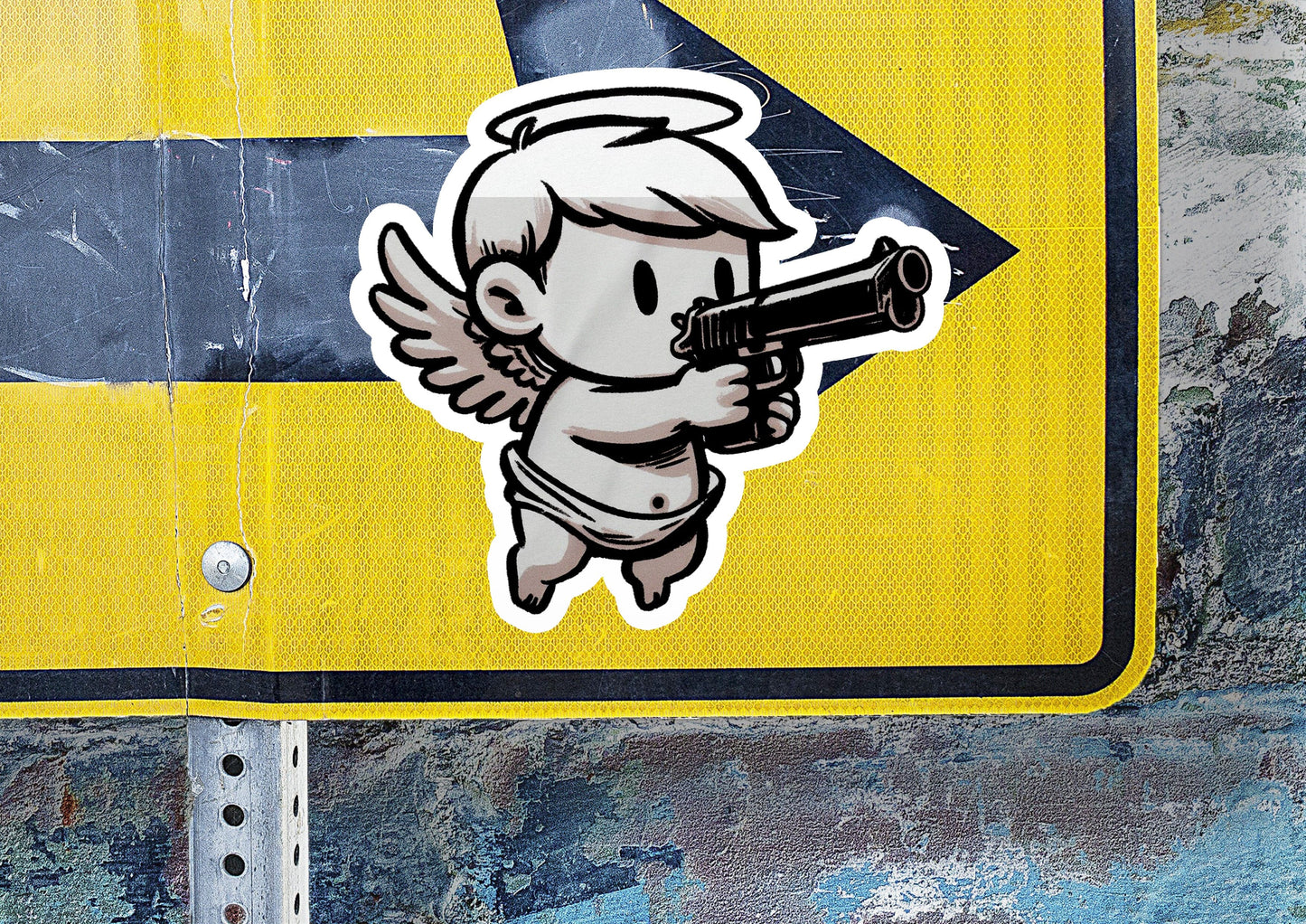 a sticker of an angel holding a gun
