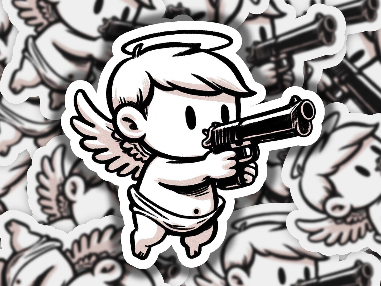 a sticker of an angel holding a gun