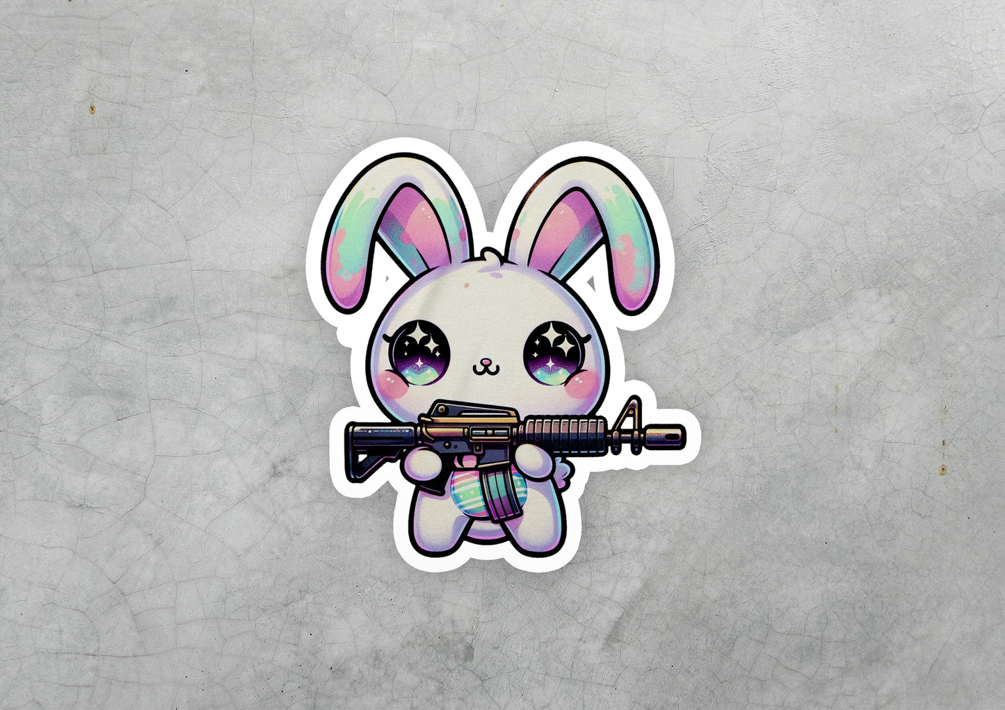 a sticker of a bunny with a gun