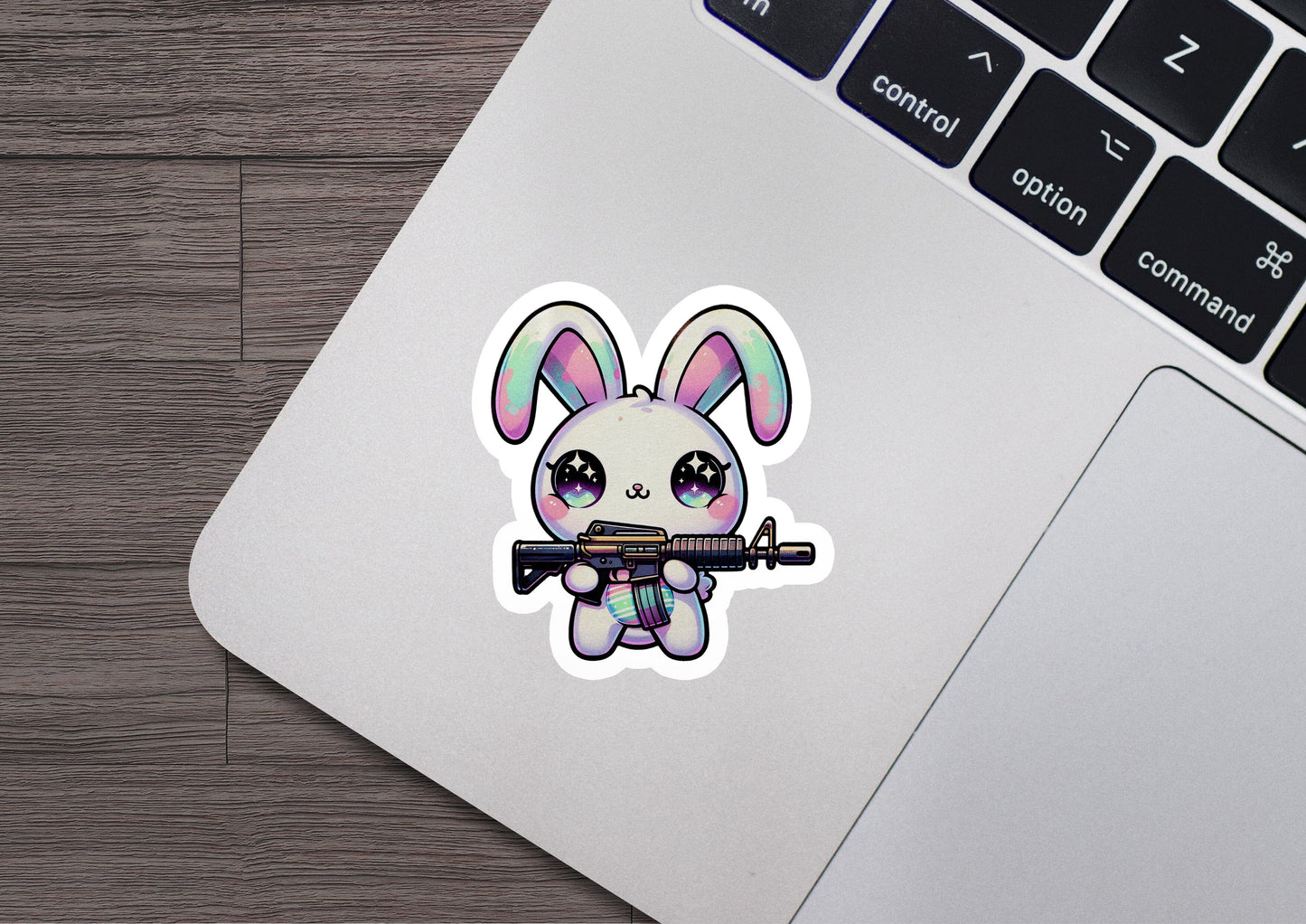 a sticker of a rabbit holding a rifle