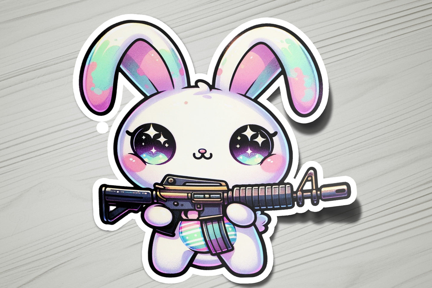 a sticker of a bunny with a gun