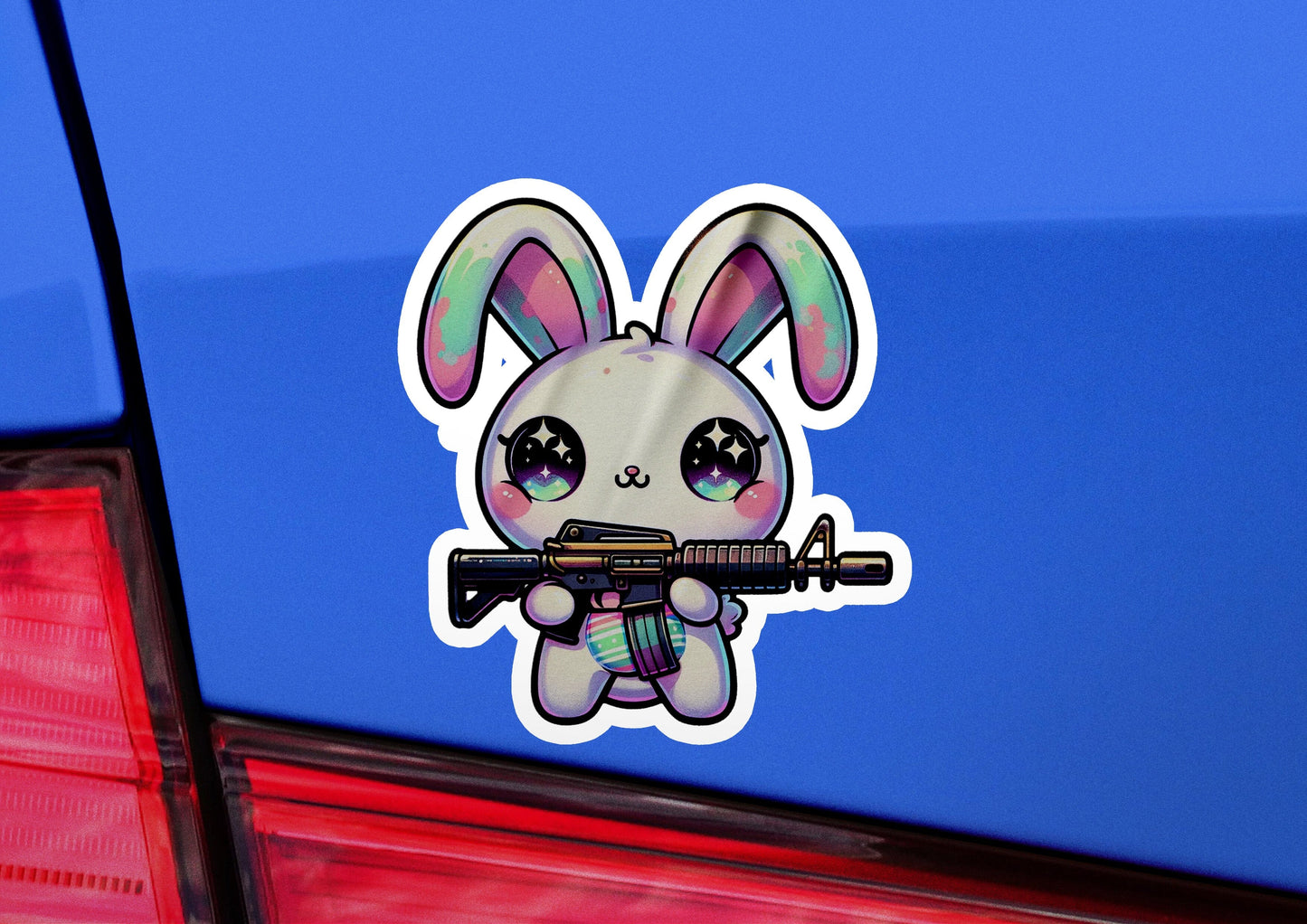 a sticker of a bunny holding a rifle