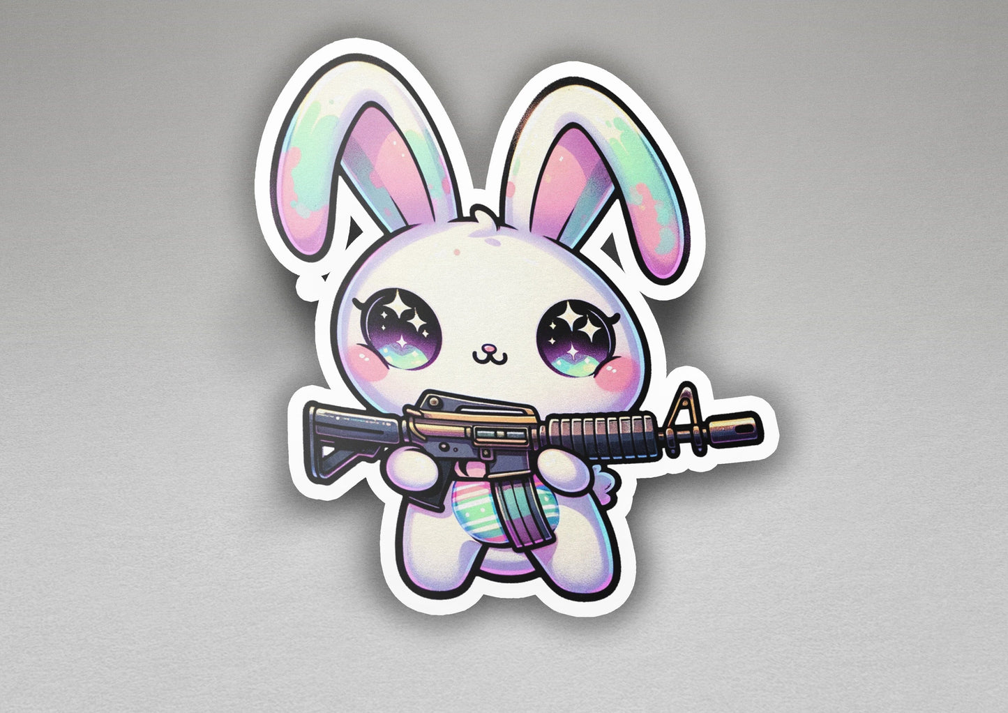 a sticker of a bunny holding a gun