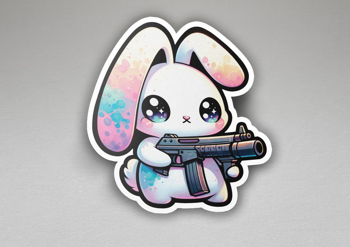 a sticker of a rabbit holding a gun