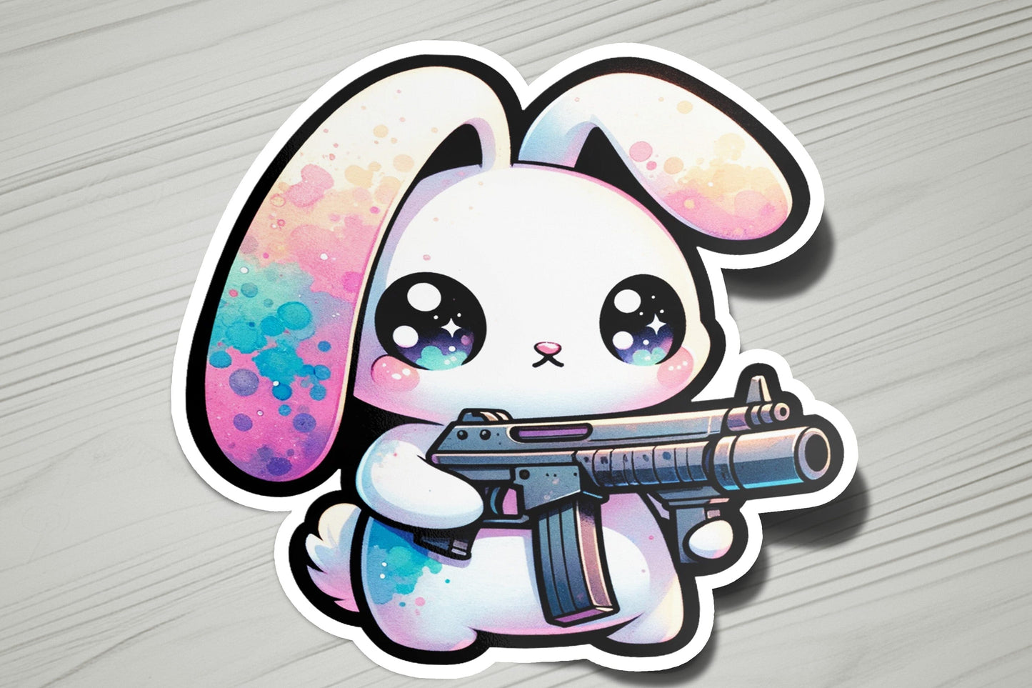 a sticker of a rabbit holding a gun