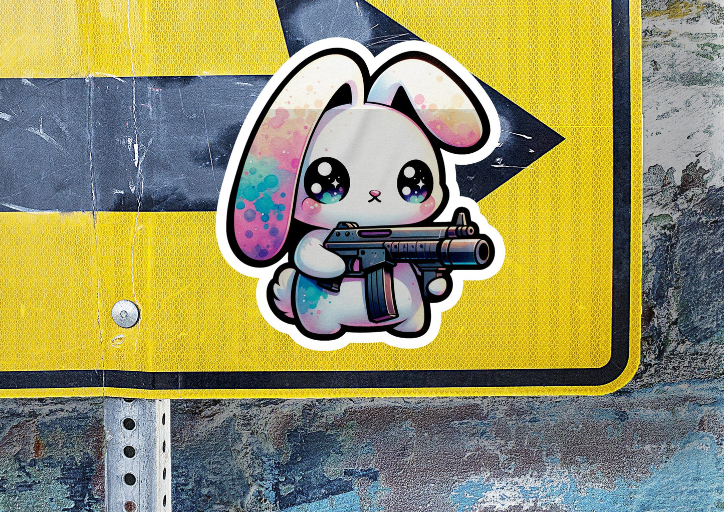 a sticker of a rabbit holding a gun
