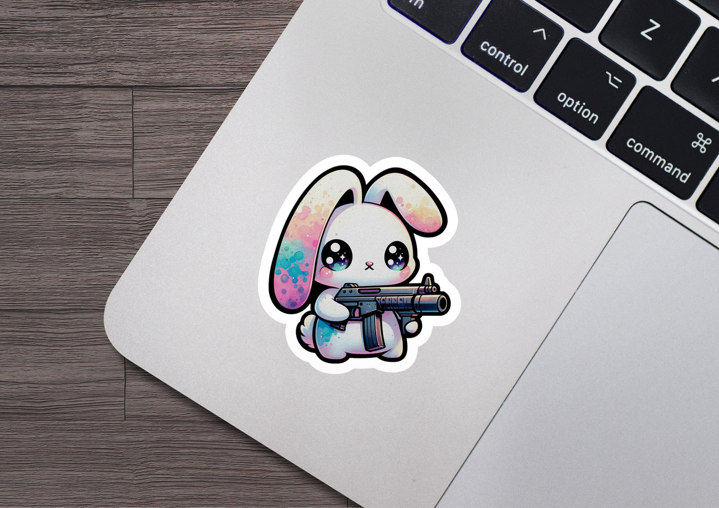 a sticker of a rabbit holding a gun
