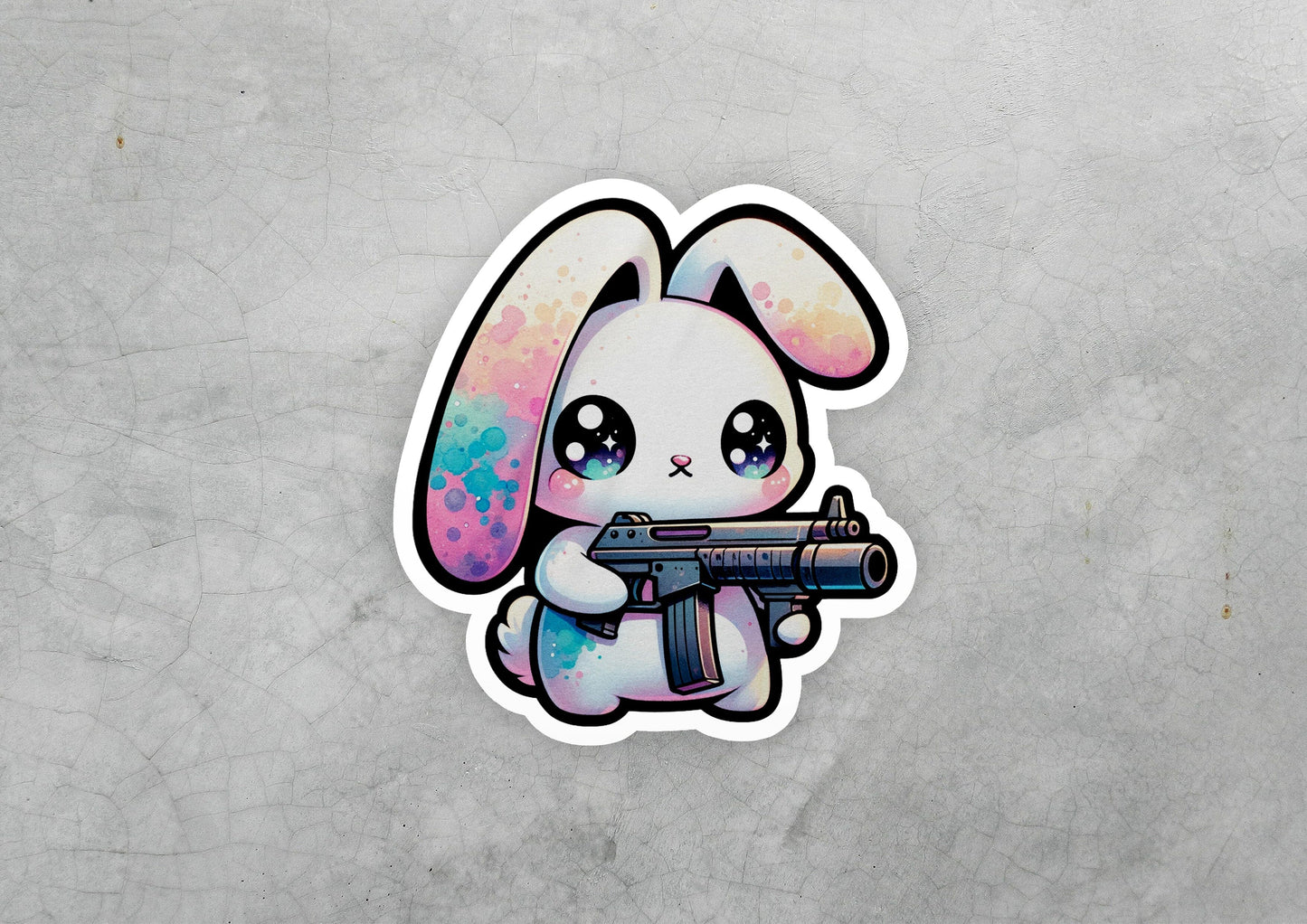 a sticker of a rabbit holding a gun