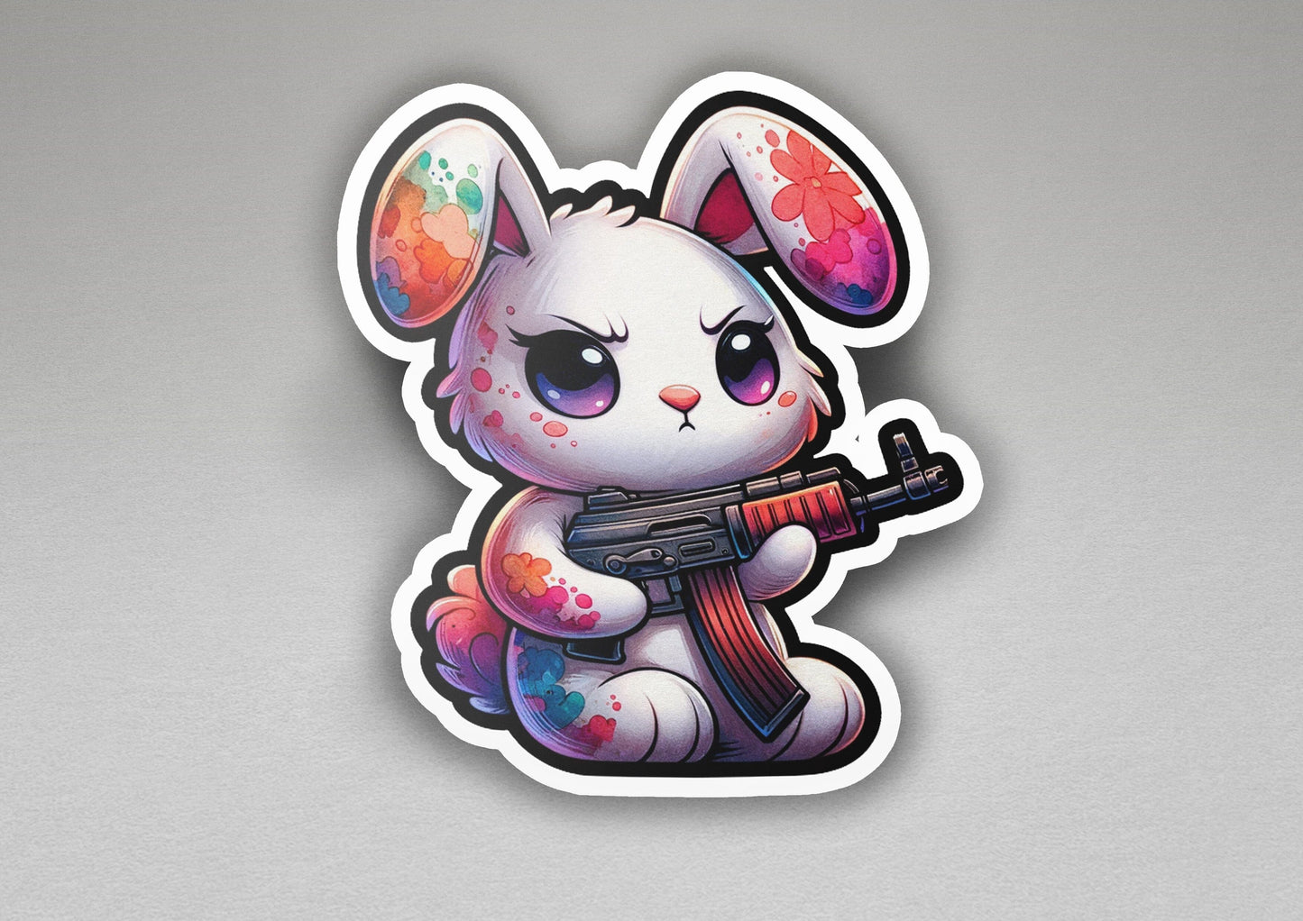 a sticker of a bunny with a gun