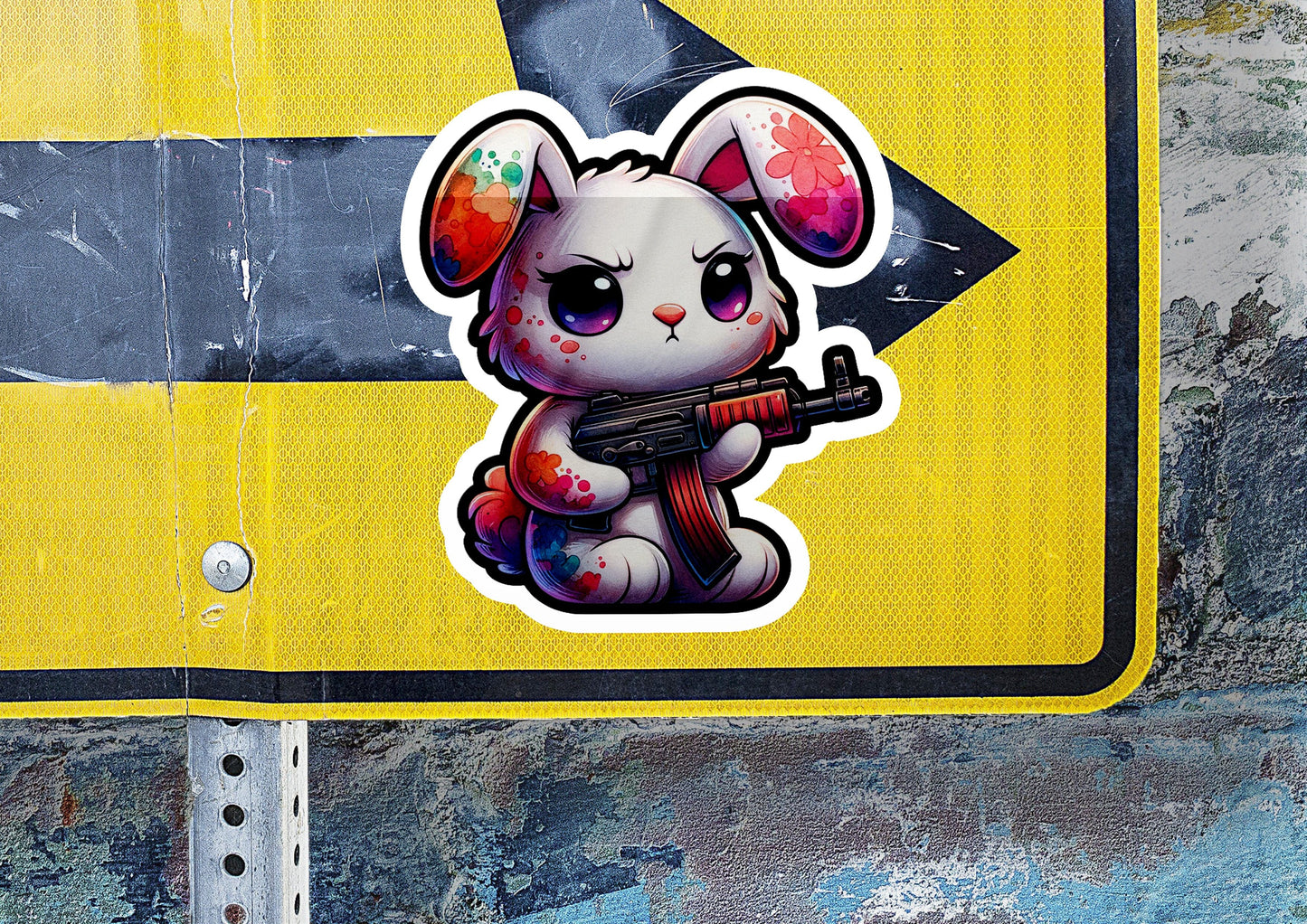 a sticker of a rabbit holding a gun