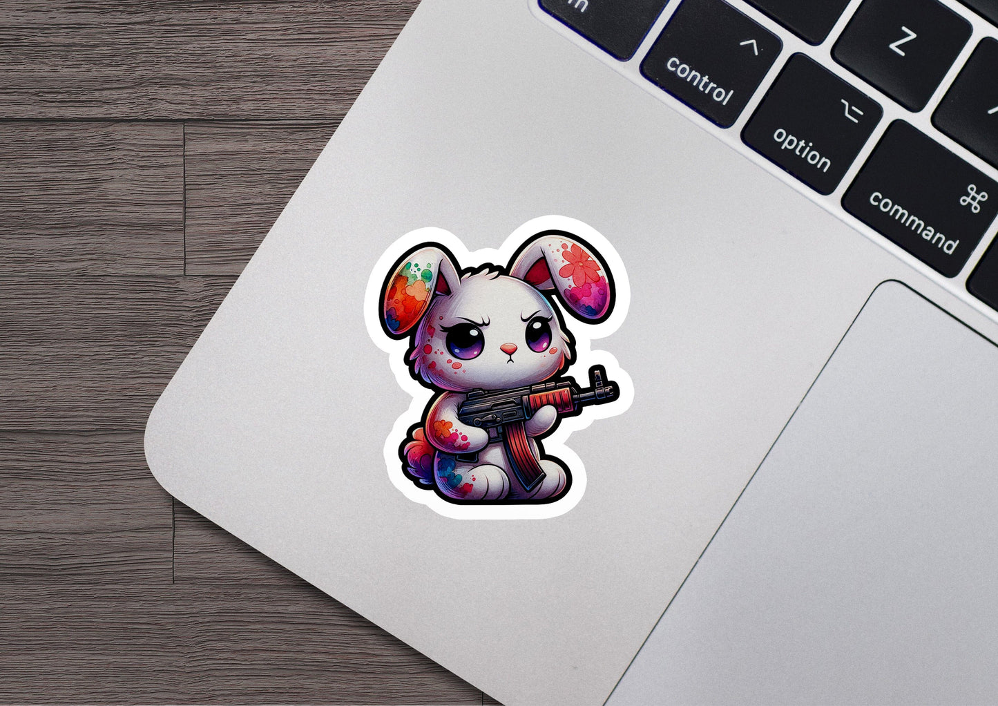 a laptop with a sticker of an animal holding a gun