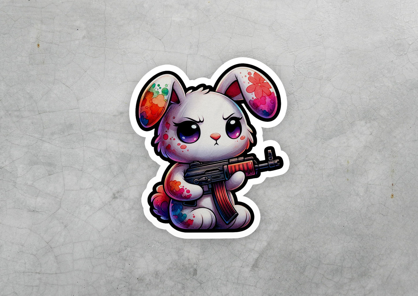 a sticker of a bunny with a gun