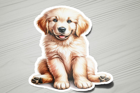 a sticker of a puppy sitting on a table