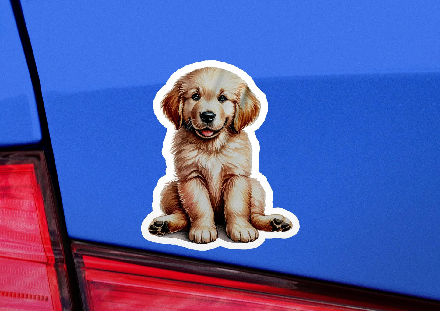 a sticker of a dog sitting on the back of a car