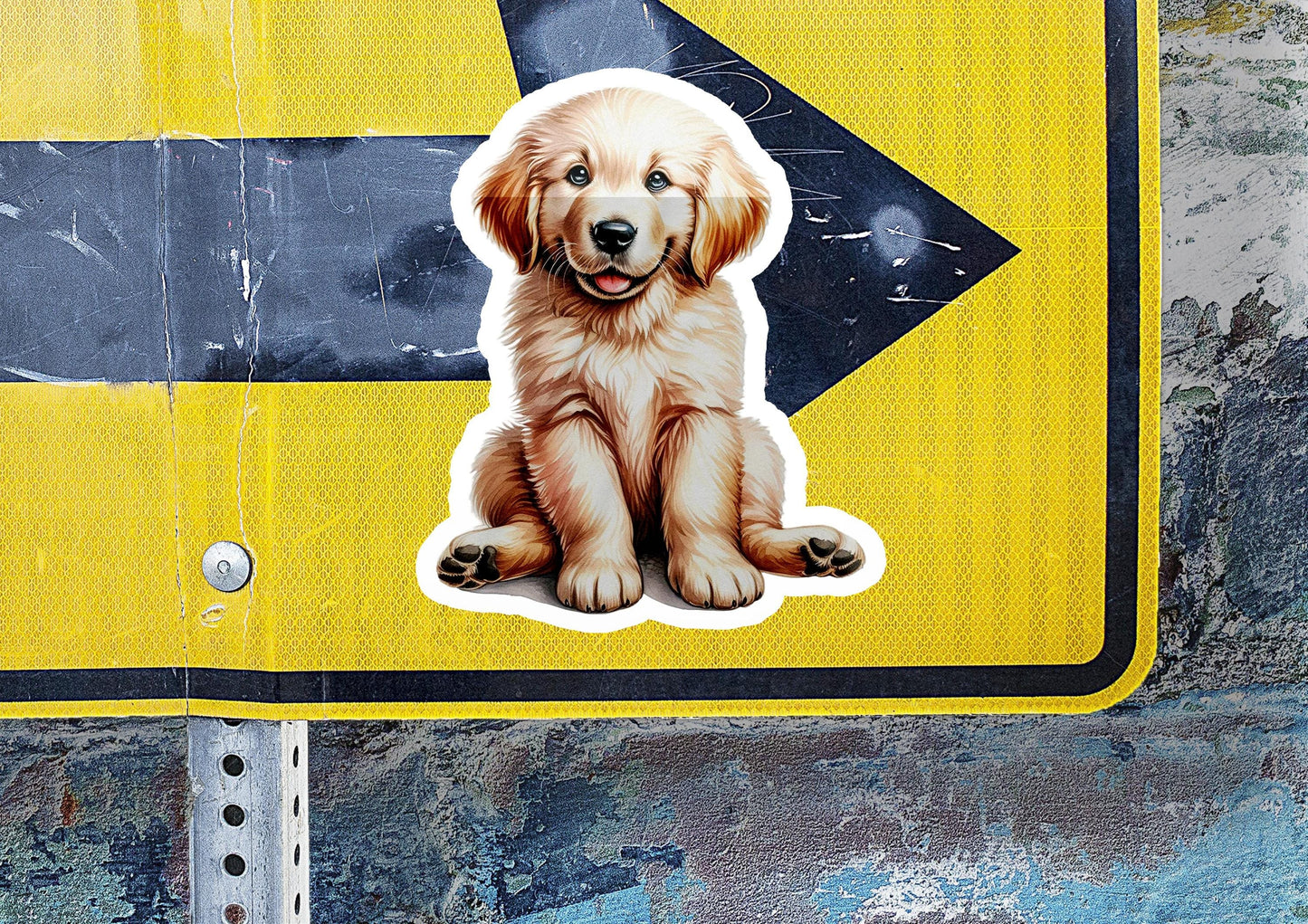 a sticker of a dog sitting on a street sign