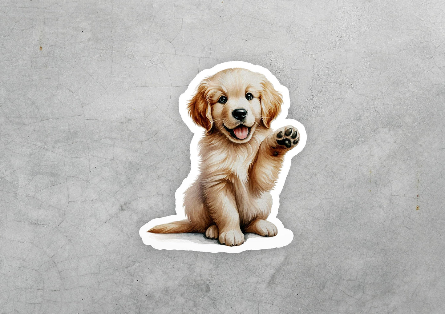 a sticker of a golden retriever puppy sitting on the ground
