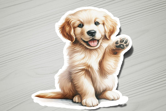 a sticker of a dog sitting on a wooden floor