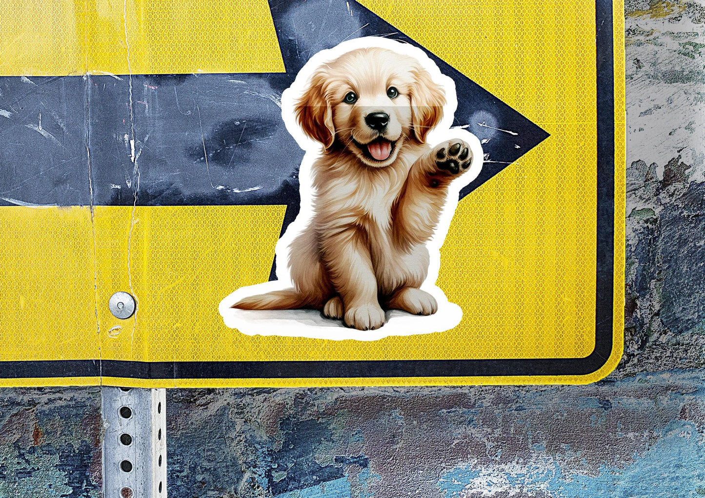 a sticker of a dog sitting on a street sign