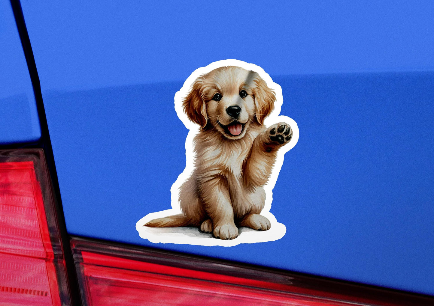a sticker of a dog sitting on the back of a car