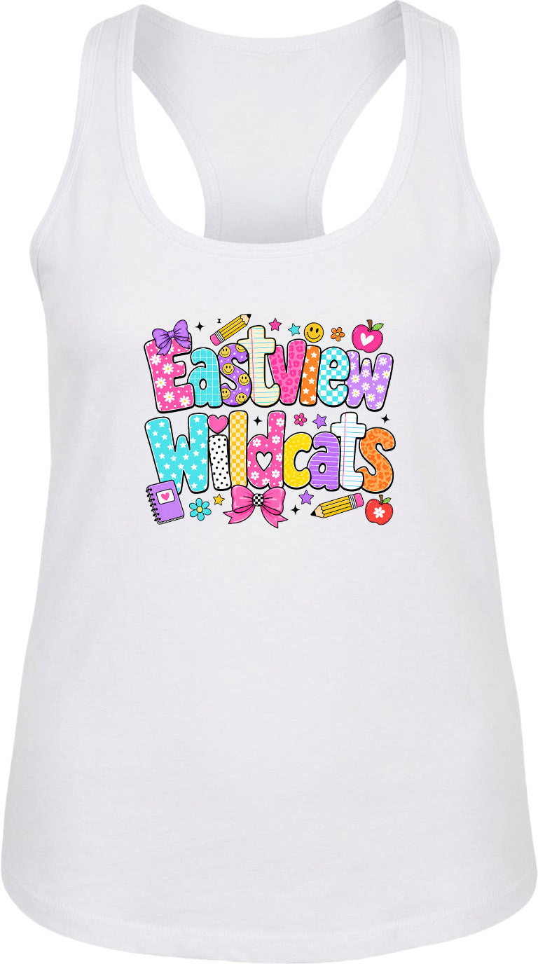 A white tank top with a colorful graphic design featuring the text "Eastview Wildcats" in a playful, cartoon-like font.