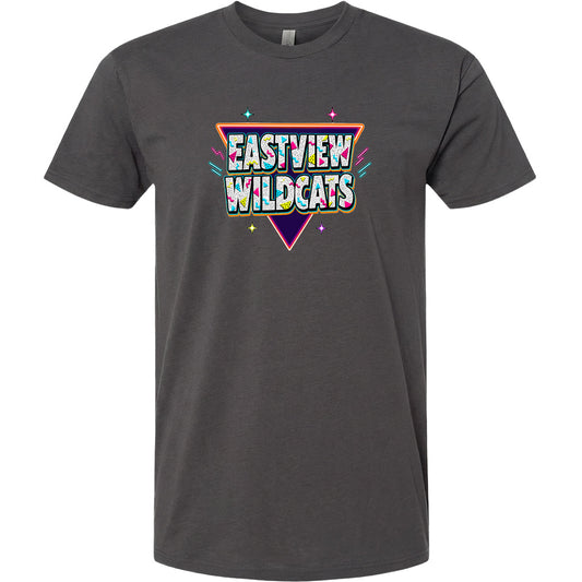A gray t-shirt with a colorful graphic design featuring the text "EASTVIEW WILDCATS" in a retro style.