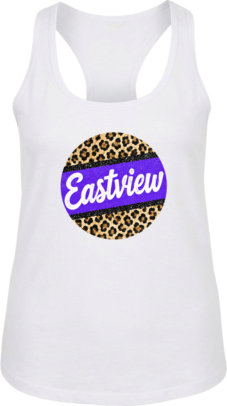 A white tank top with a leopard print design and the word "Eastview" printed on it.