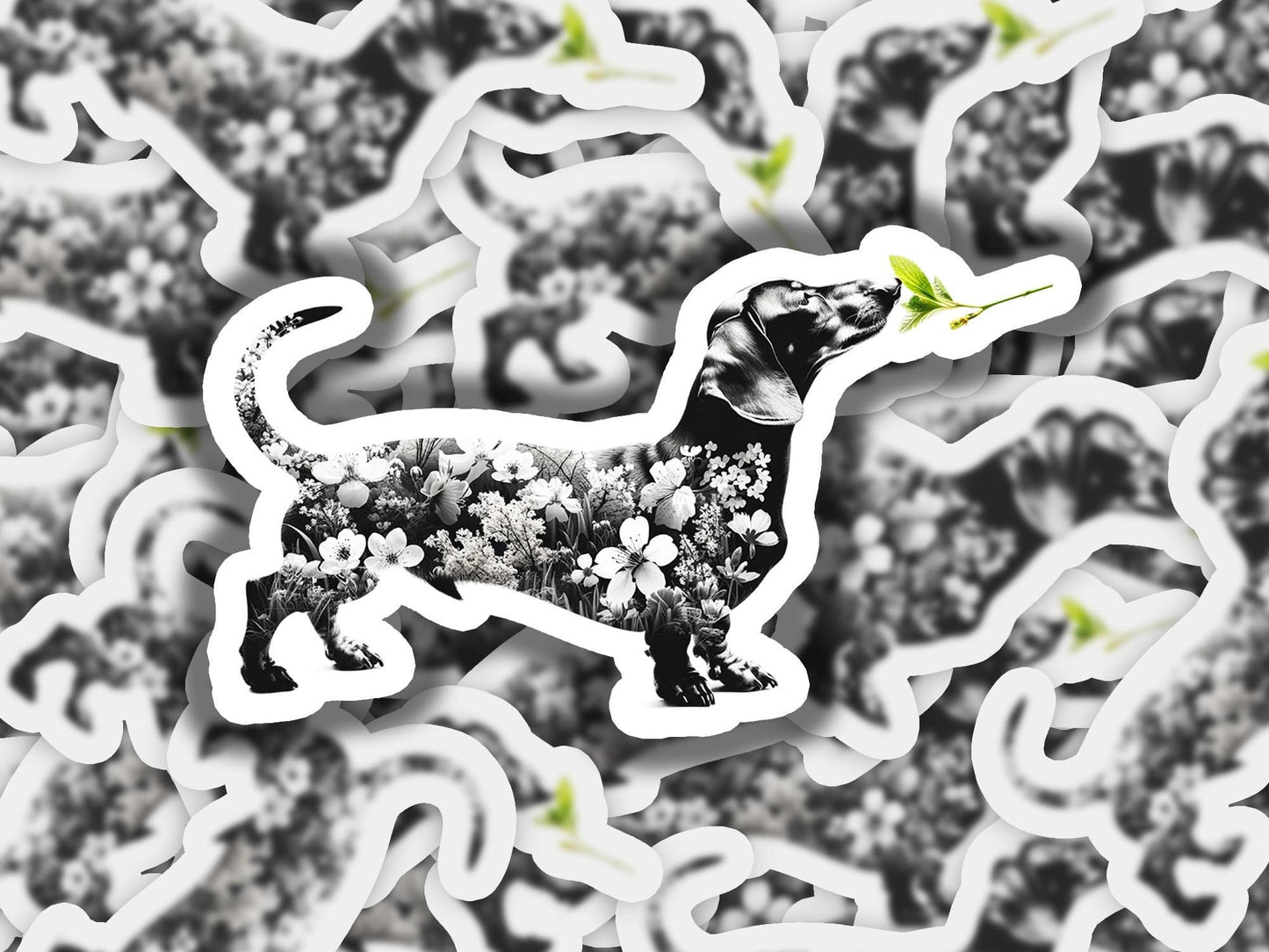 a sticker of a dachshund with flowers on it