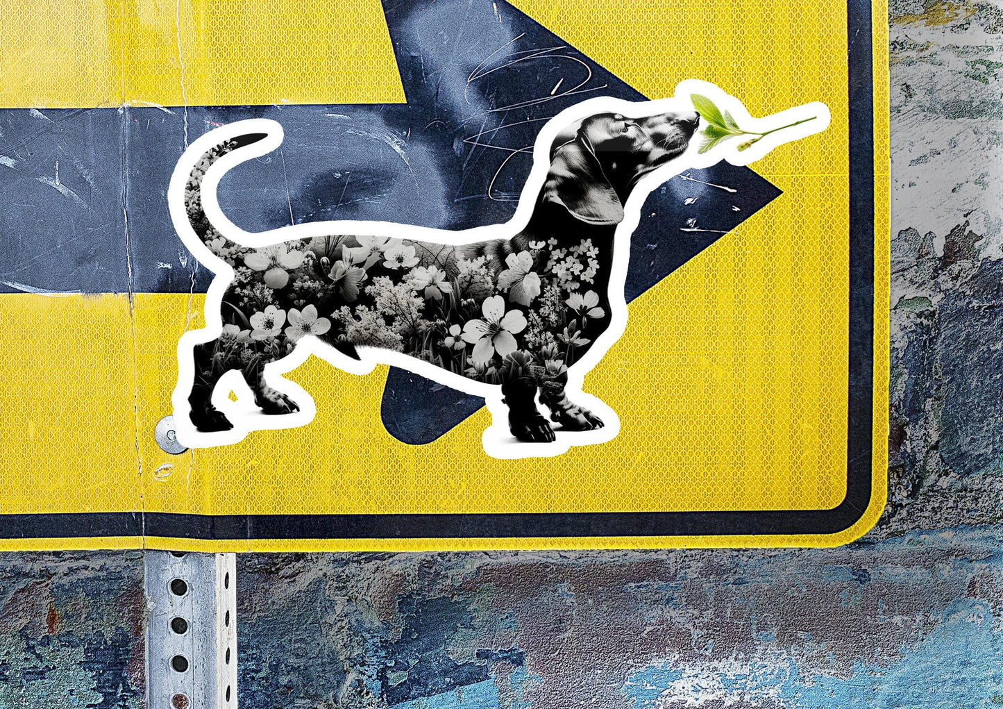 a sticker of a dog on a street sign