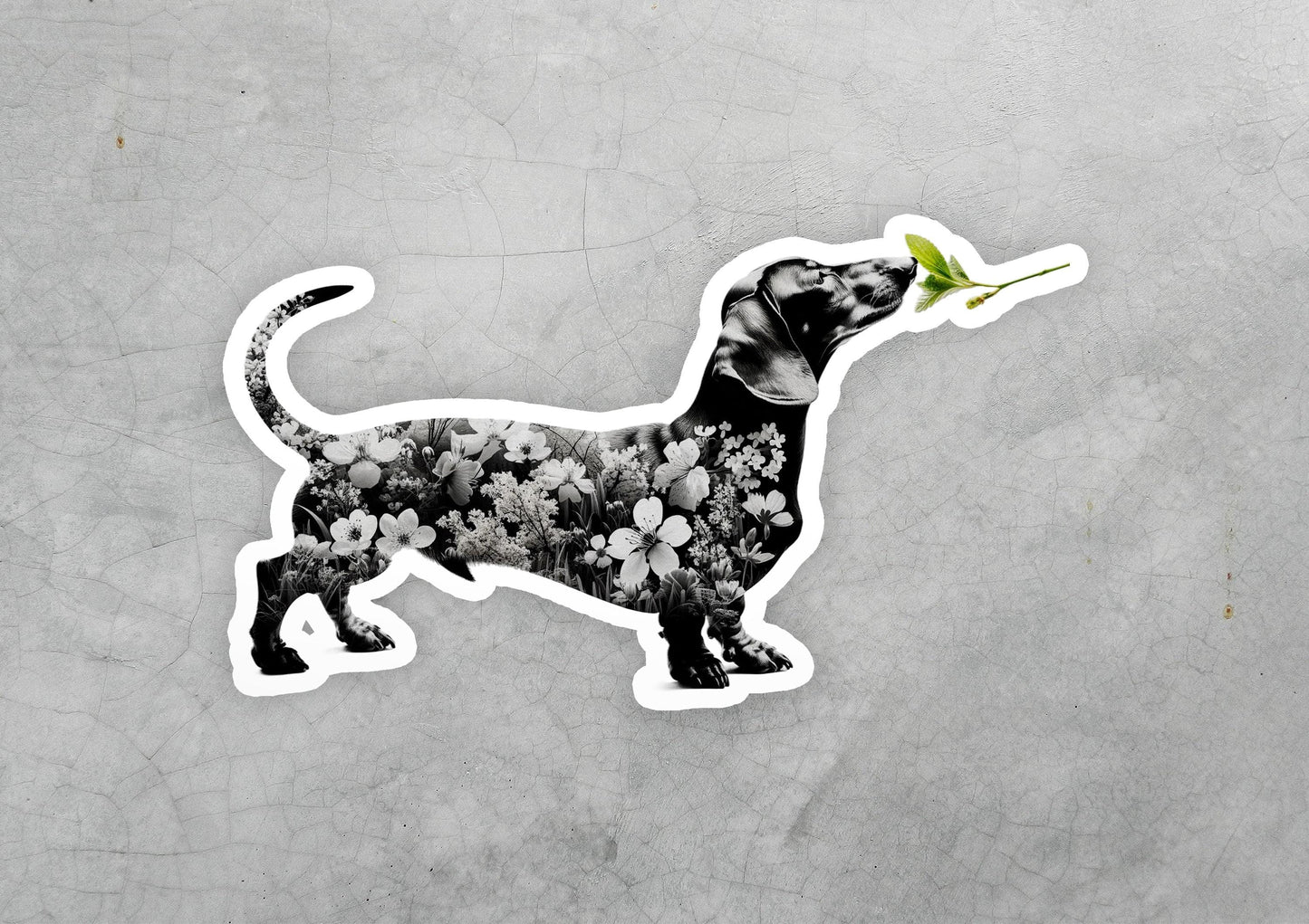 a sticker of a dog with a flower in its mouth
