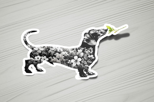 a sticker of a dog with flowers on it