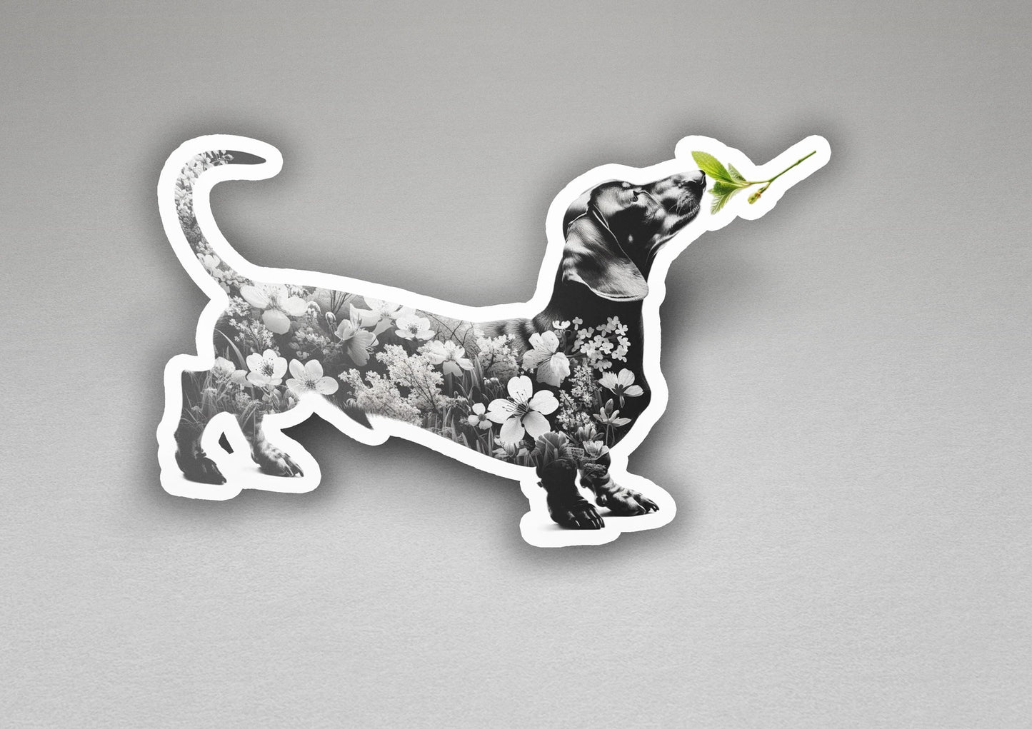 a sticker of a dog with flowers on it