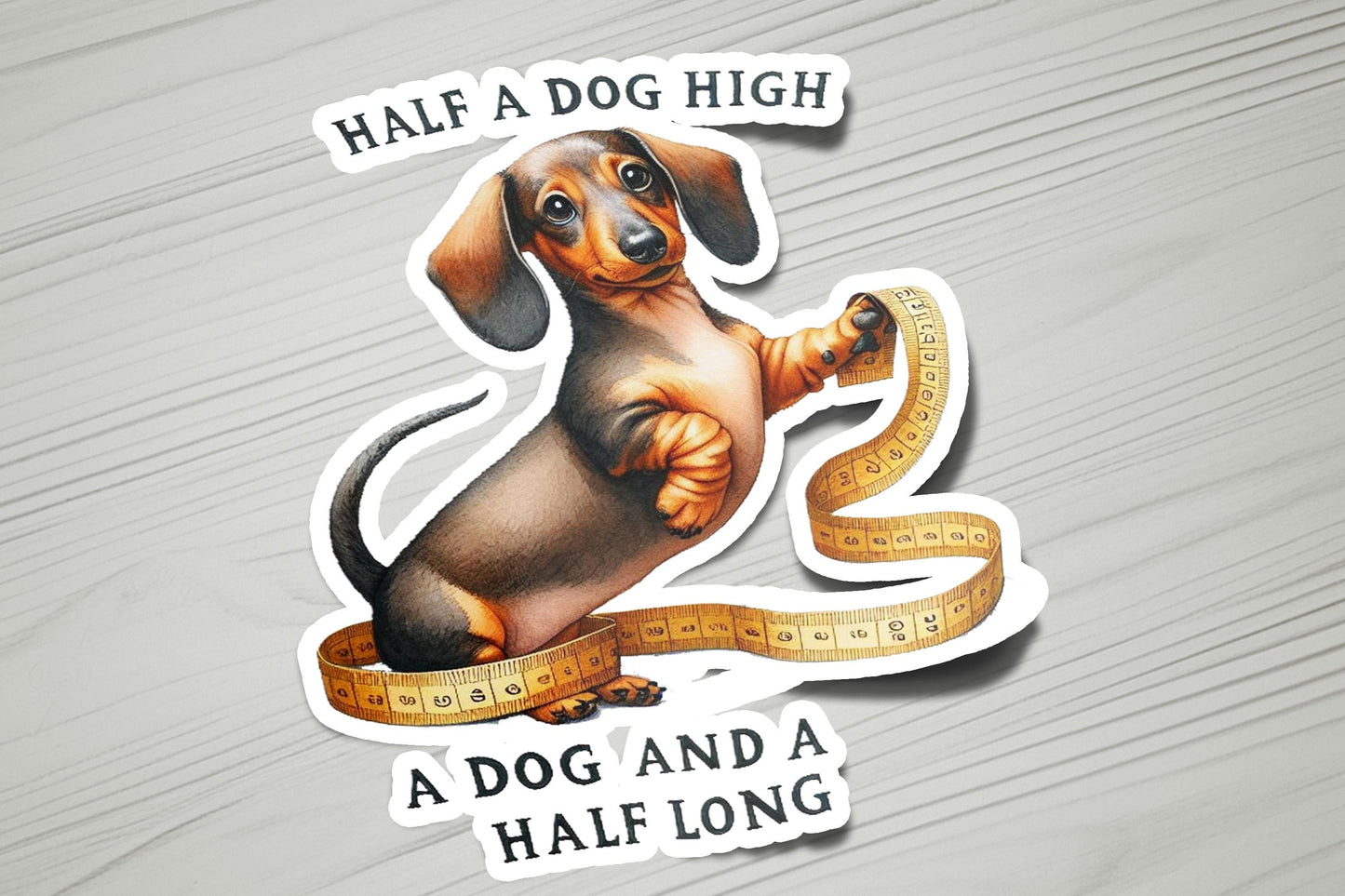 a sticker of a dog holding a measuring tape