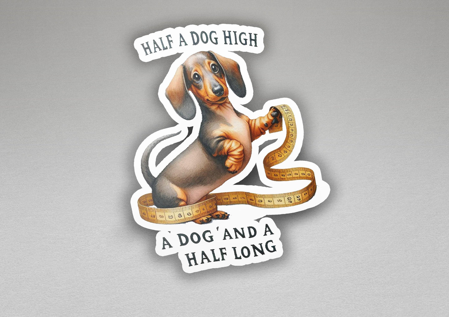a sticker of a dog with a measuring tape