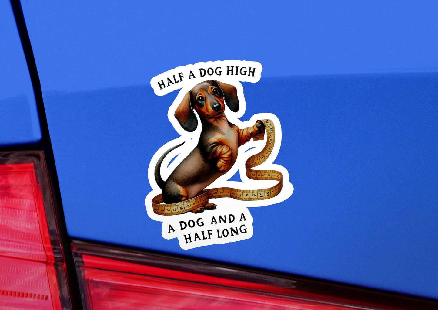 a sticker of a dog sitting on the back of a car