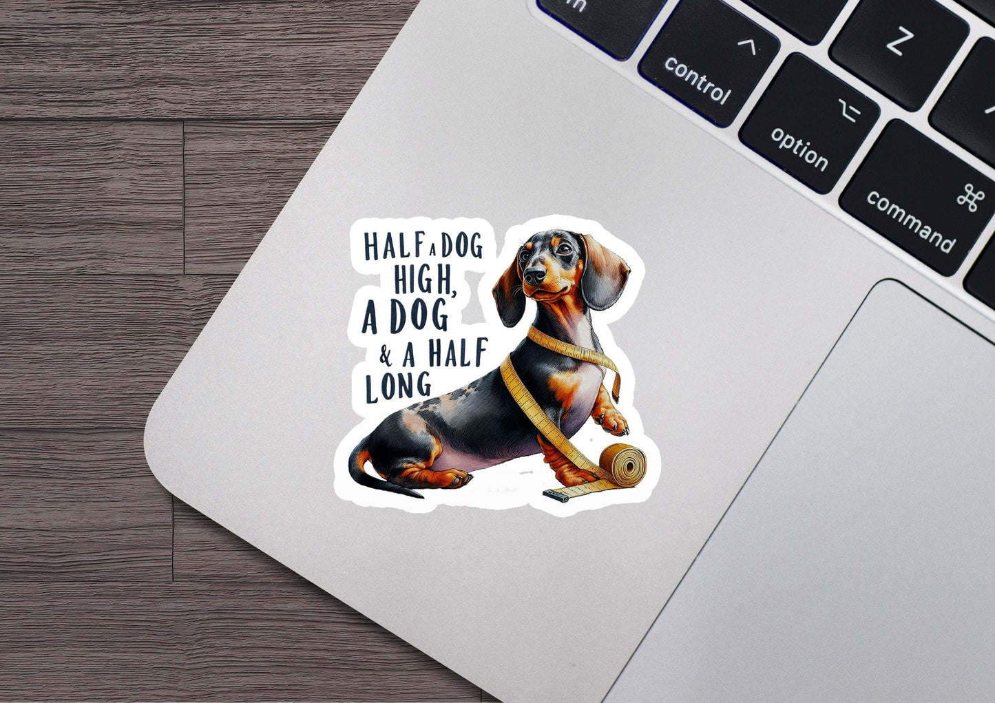 a sticker of a dachshund sitting on a laptop