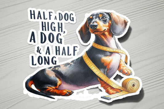 a sticker of a dachshund with a tape around its neck