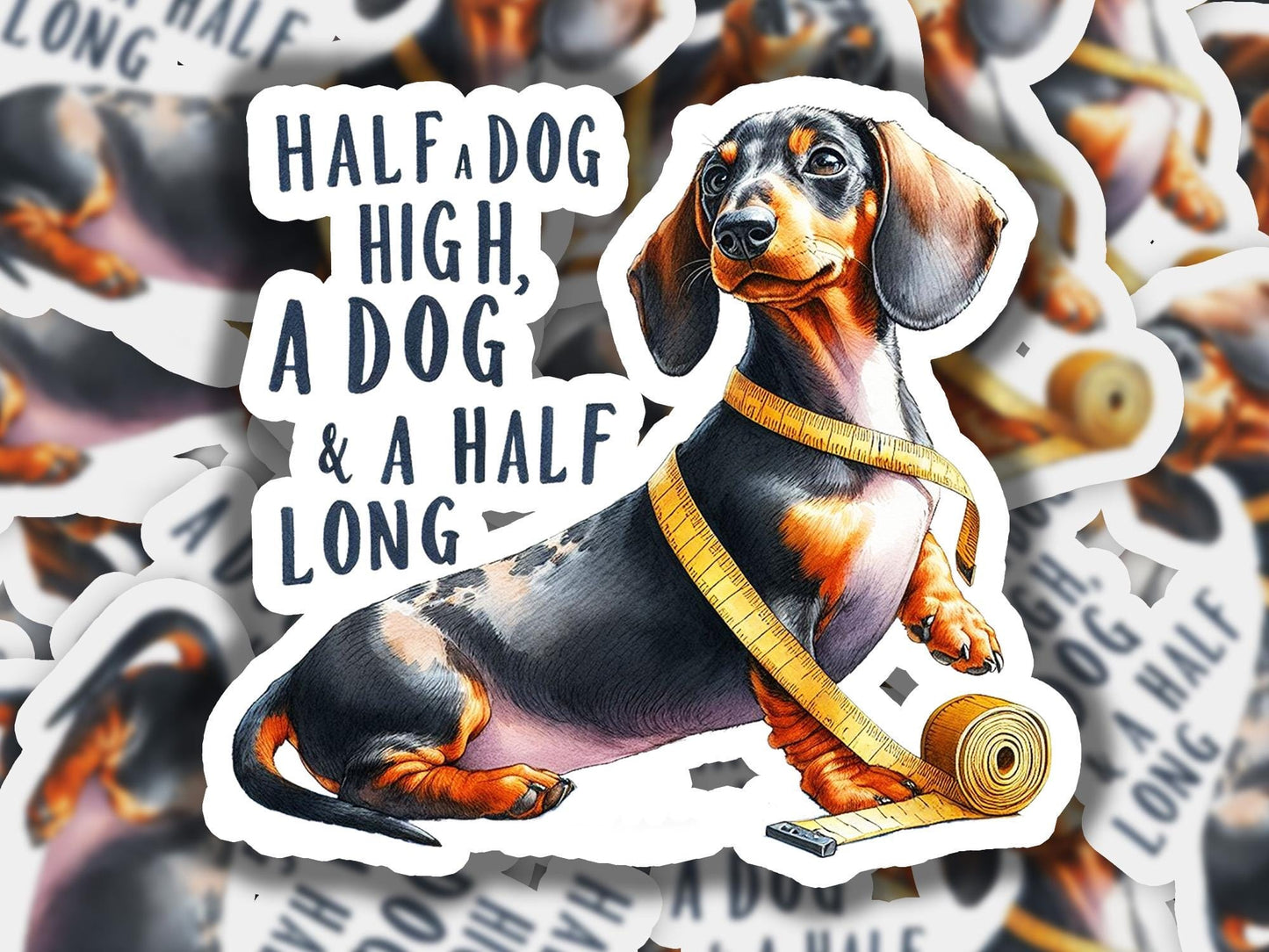 a sticker of a dachshund dog with a tape around its neck