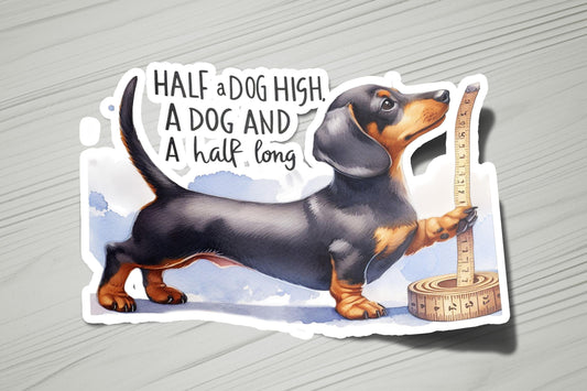 a sticker of a dachshund with a measuring tape