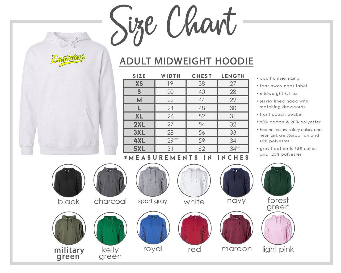 The image is a size chart for an adult midweight hoodie, including various color options and corresponding measurements in inches.