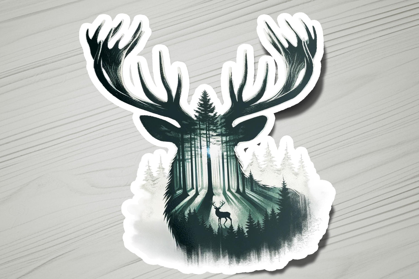 a sticker of a deer with a forest scene