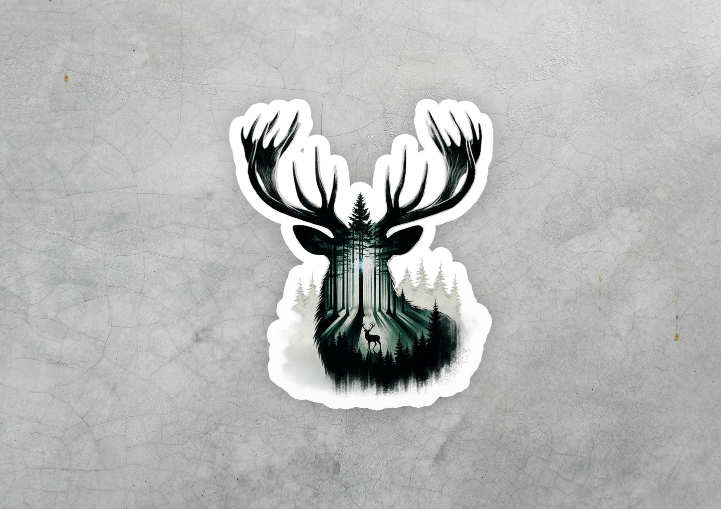 a sticker of a deer's head with trees in the background