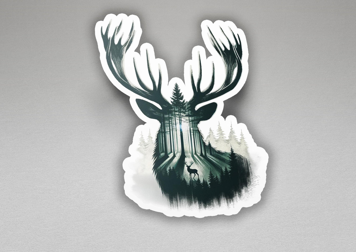 a sticker of a deer with trees in the background