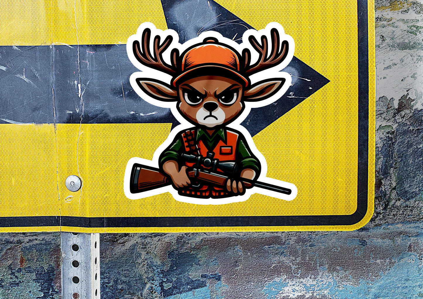 a sticker of a deer hunter with a gun