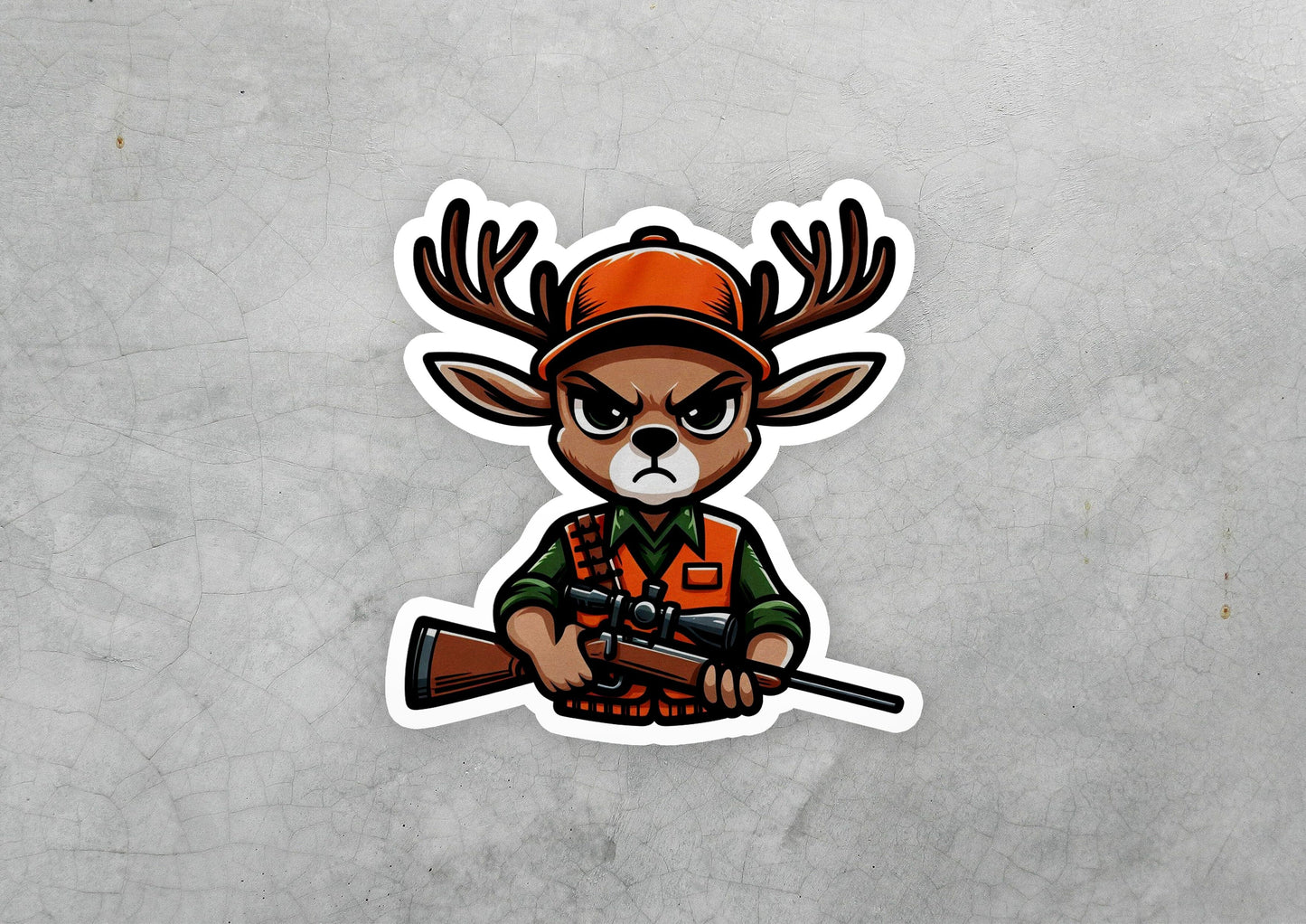 a sticker of a deer hunter with a rifle