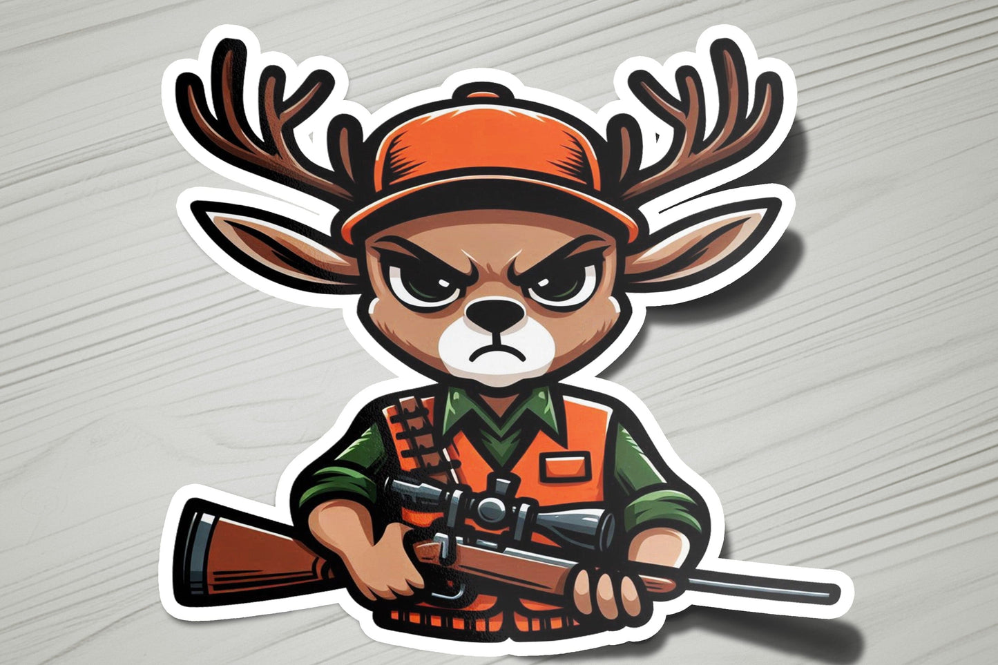 a sticker of a deer with a rifle